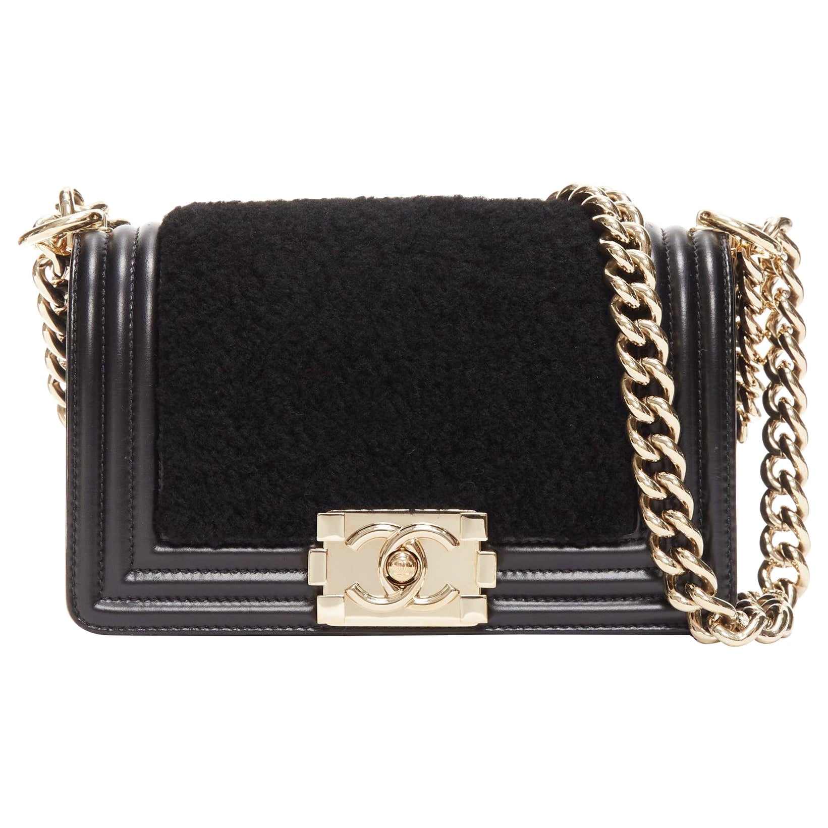 CHANEL Boy Small black shearling leather gold CC push lock chain flap bag For Sale