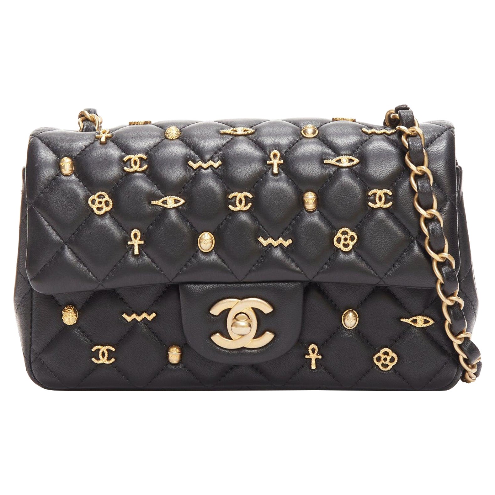 rare CHANEL 2019 Egyptian Amulet Limited Lucky Charms CC black leather flap bag For Sale