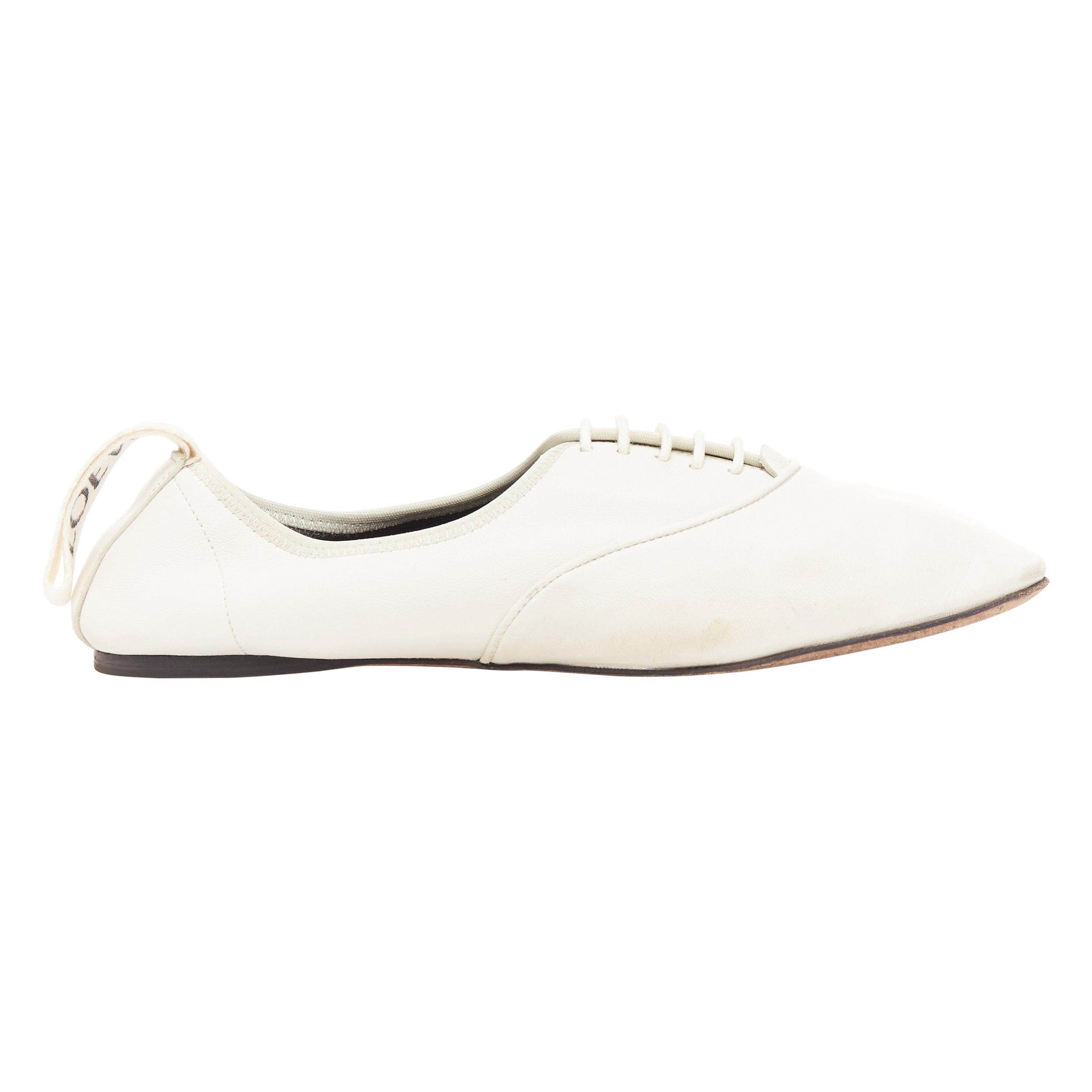 LOEWE Derby white soft leather black logo tab lace up flat shoes EU37 For Sale