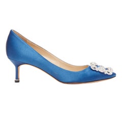 MANOLO BLAHNIK Hangisi 50 blue satin crystal buckle teacup heeled pumps EU36.5