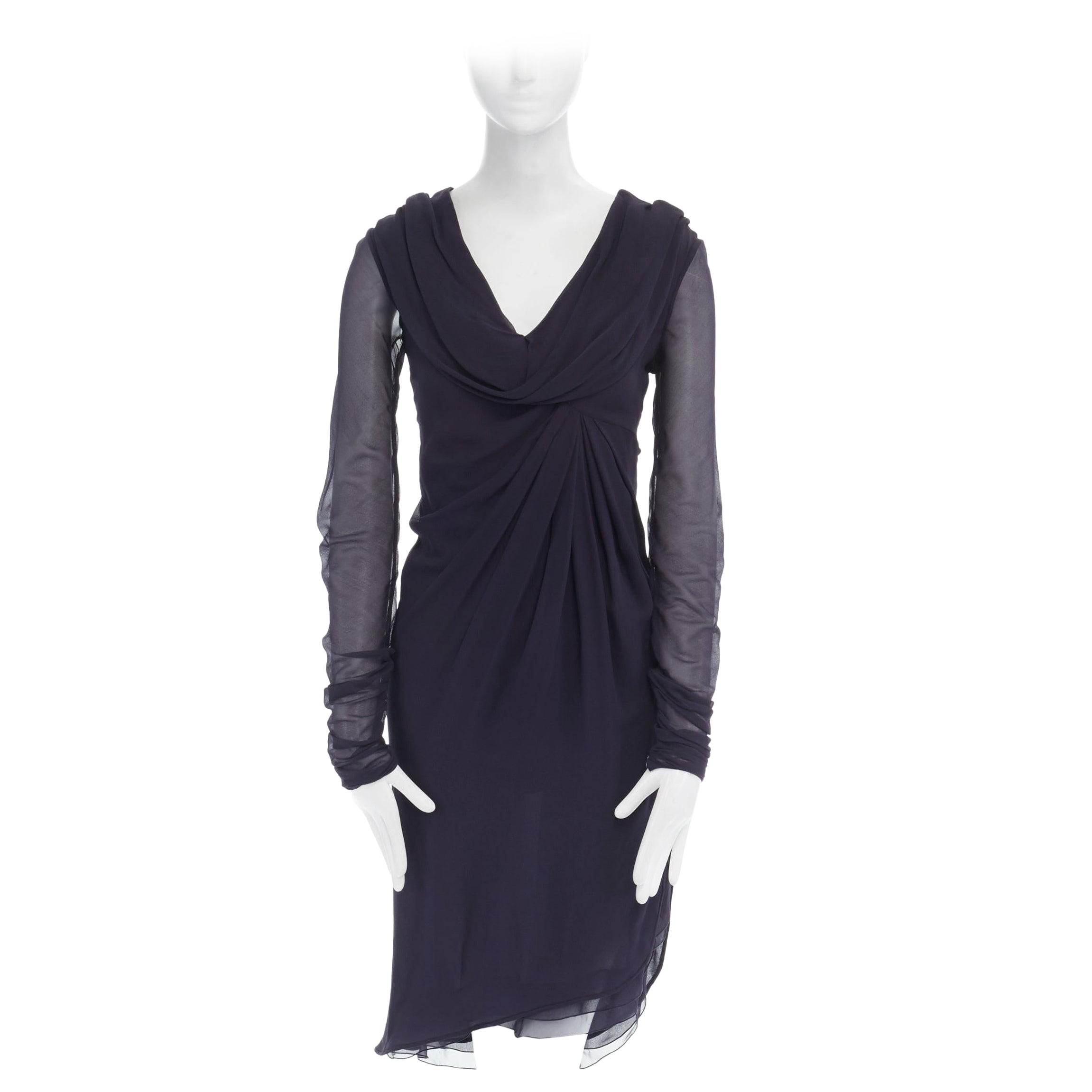 VALENTINO navy blue silk draped front waterfall tier hem sheer sleeve dress US2 For Sale
