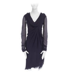 VALENTINO navy blue silk draped front waterfall tier hem sheer sleeve dress US2