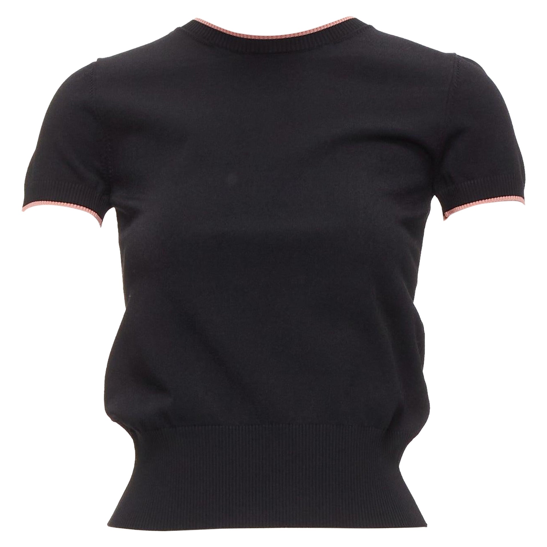 VALENTINO black pink rib trim crew neck short sleeve cropped sweater top S For Sale