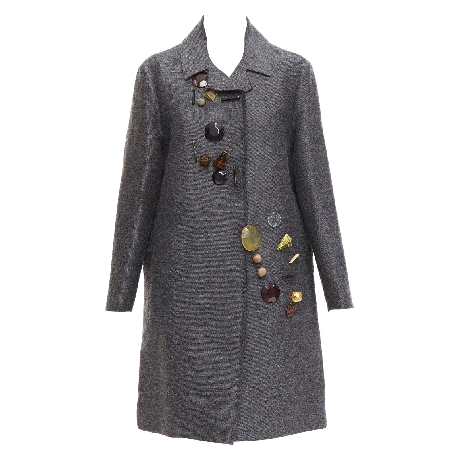 MARNI grey wool geometric beads embellishment trapeze coat IT38 XS For Sale