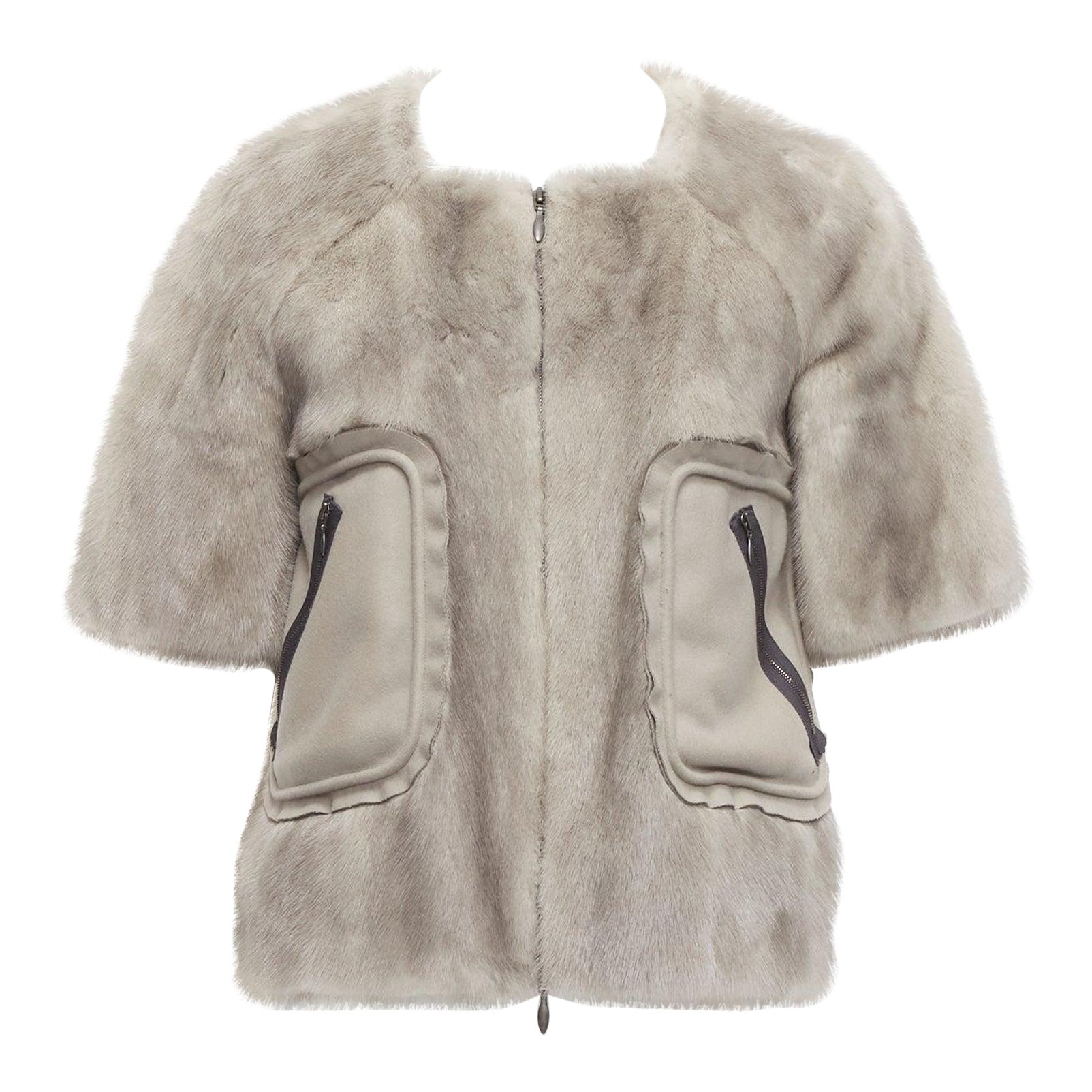 MARNI grey fur rounded short sleeve dual pocket cropped jacket IT38 XS For Sale