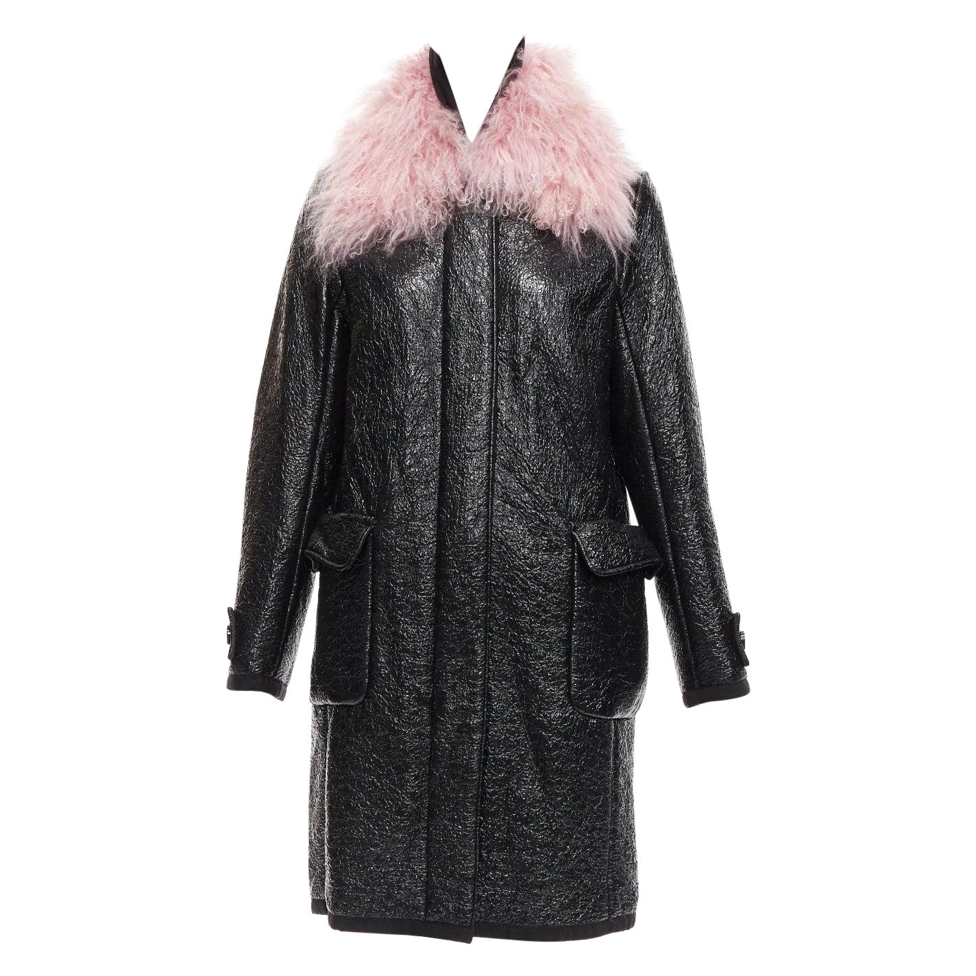 MONCLER pink tibet lamb fur black patent cotton virgin wool blend coat Sz1 M For Sale