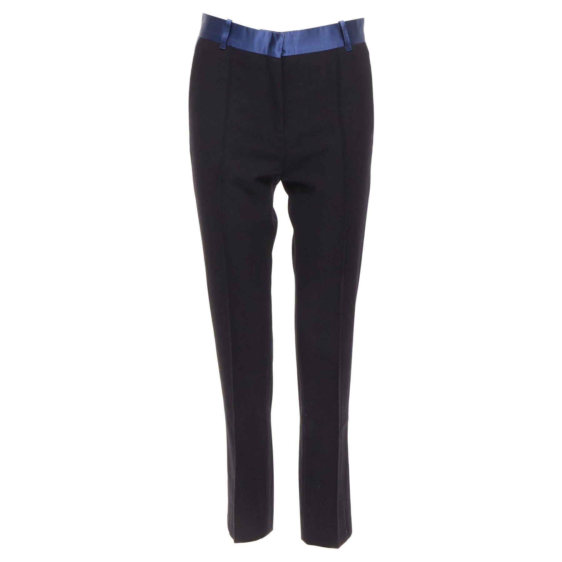 OLD CELINE Phoebe Philo blue silk trimmed black wool pleated trousers FR34 XS For Sale