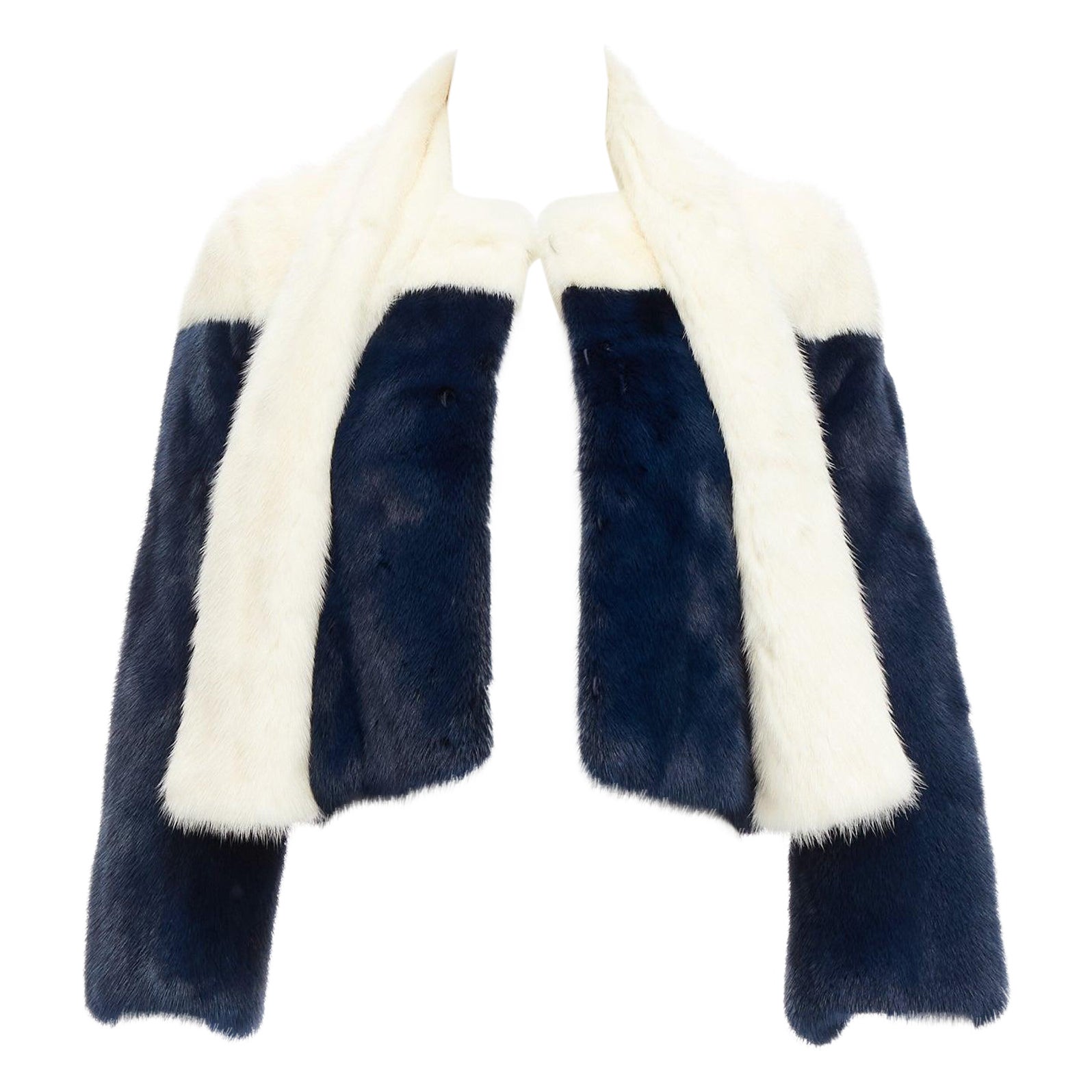 CHRISTIAN DIOR cream navy bicolor genuine fur crop jacket with scarf FR36 S For Sale
