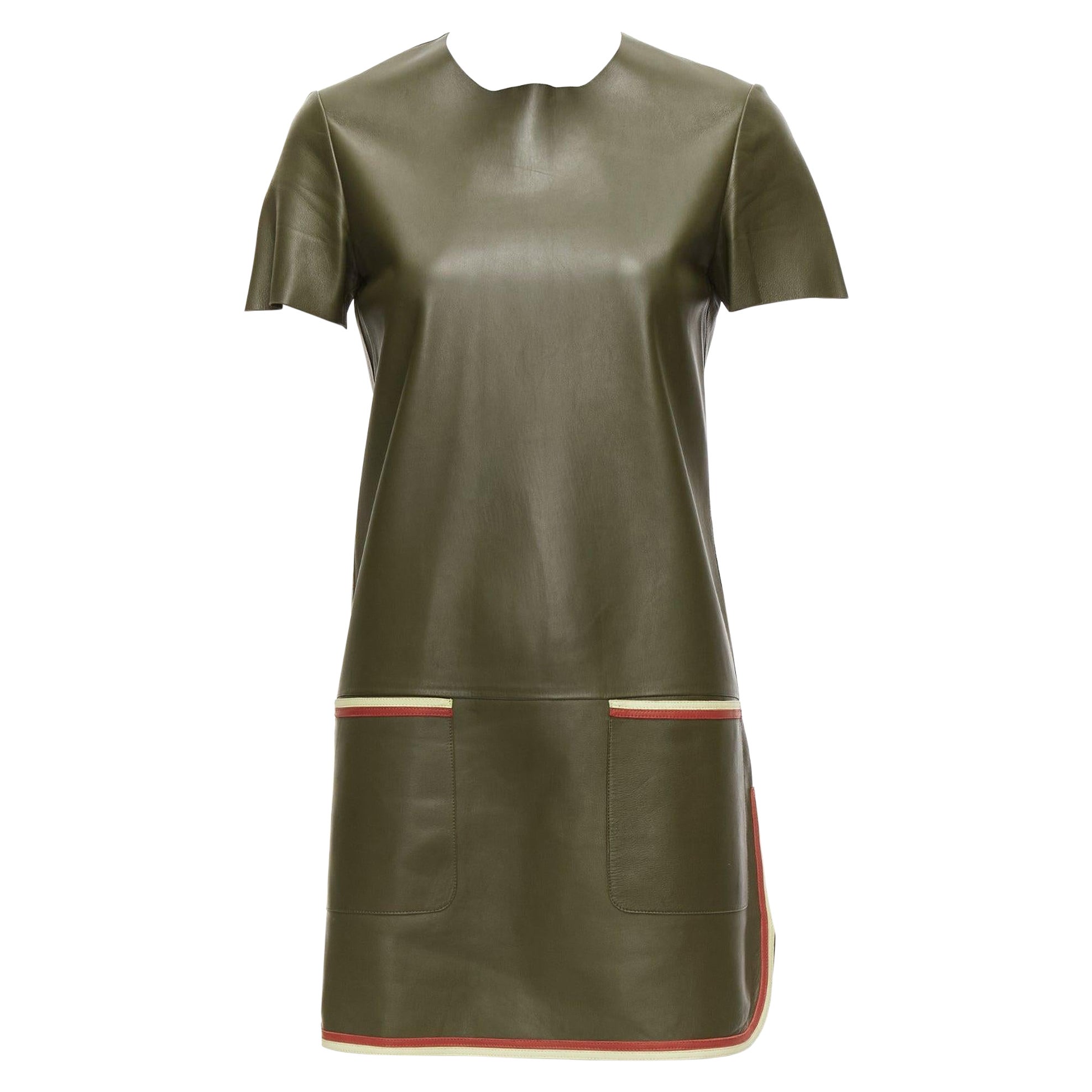 OLD CELINE Phoebe Philo Olivgrünes mod-Kleid mit cremefarbenem und cremefarbenem Besatz aus Leder FR38 M im Angebot