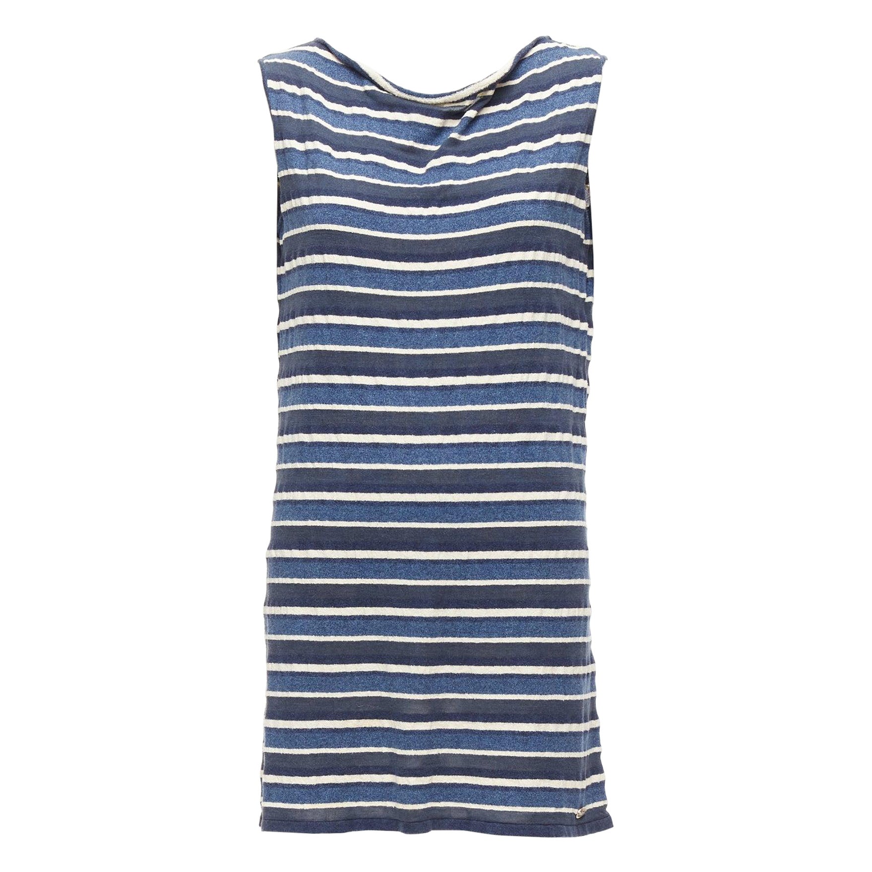 CHANEL 07P blue cream striped cotton silk blend CC cowl neck mini dress FR36 S For Sale