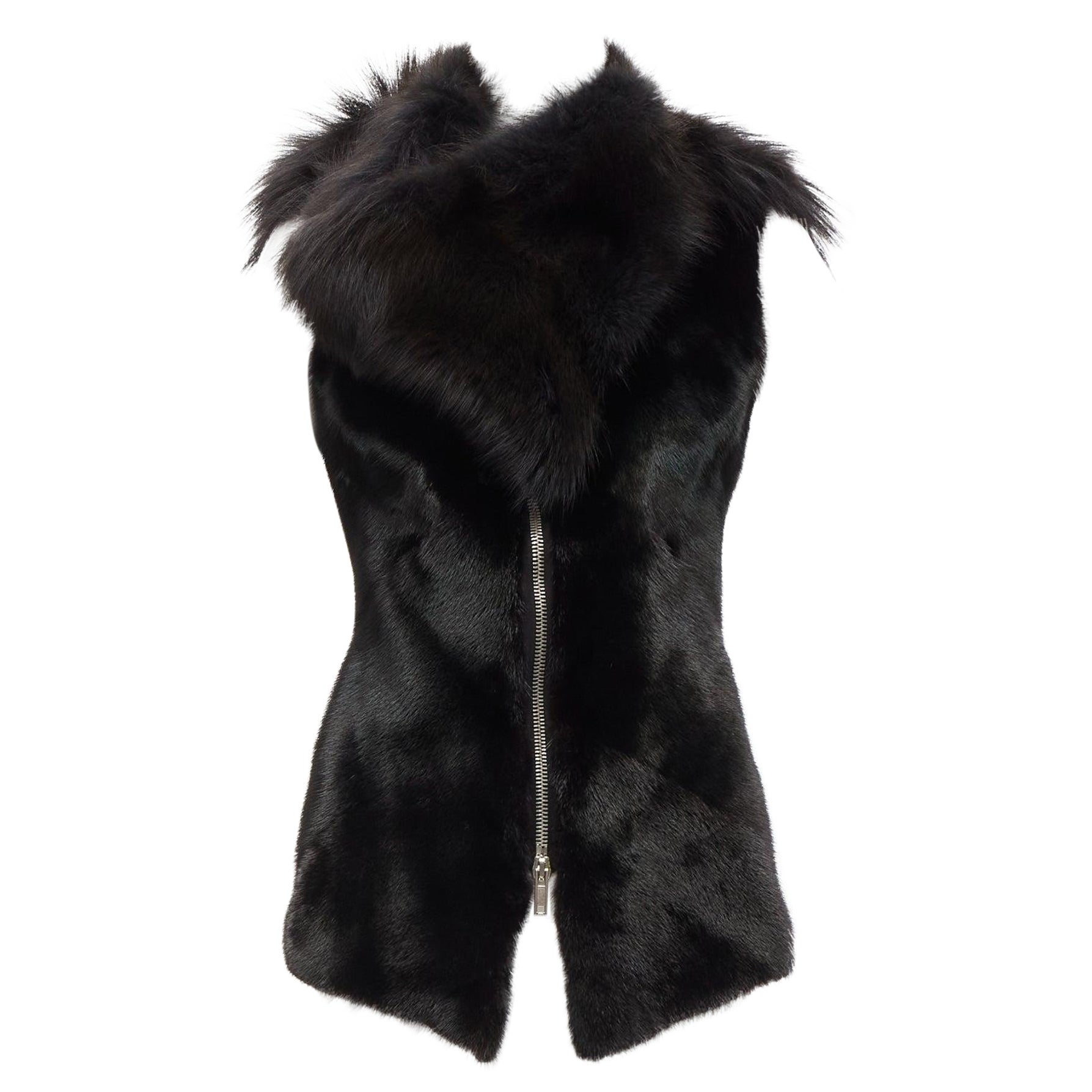 rare RICK OWENS Palais Royale black mixed fur asymmetric zipper vest top jacket For Sale