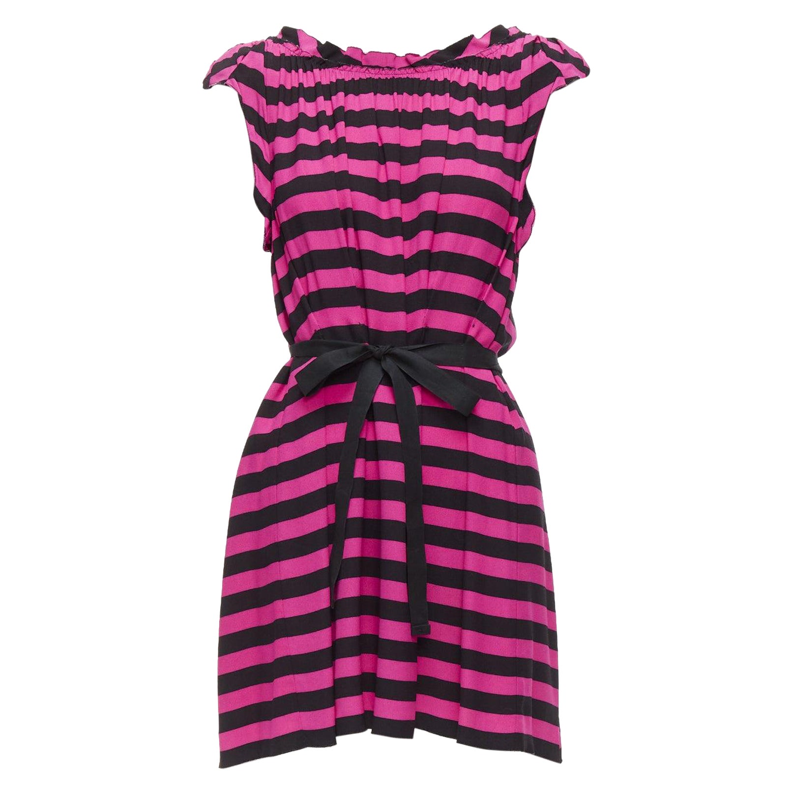 PRADA black hot pink striped pleated drop neck ribbon belt mini dress IT38 XS For Sale
