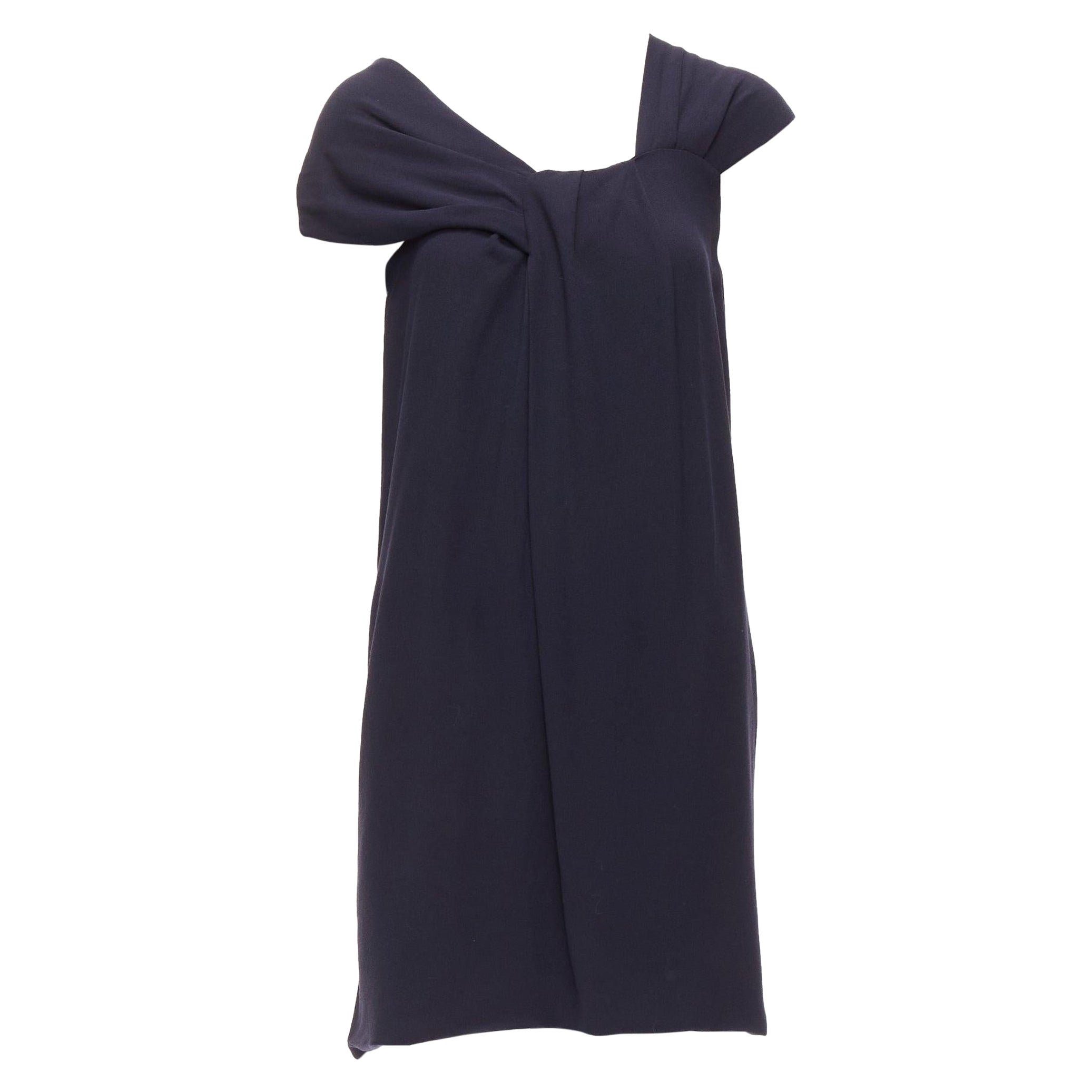 FENDI navy viscose wool asymmetric pleated collar silk lined mini dress IT38 XS For Sale