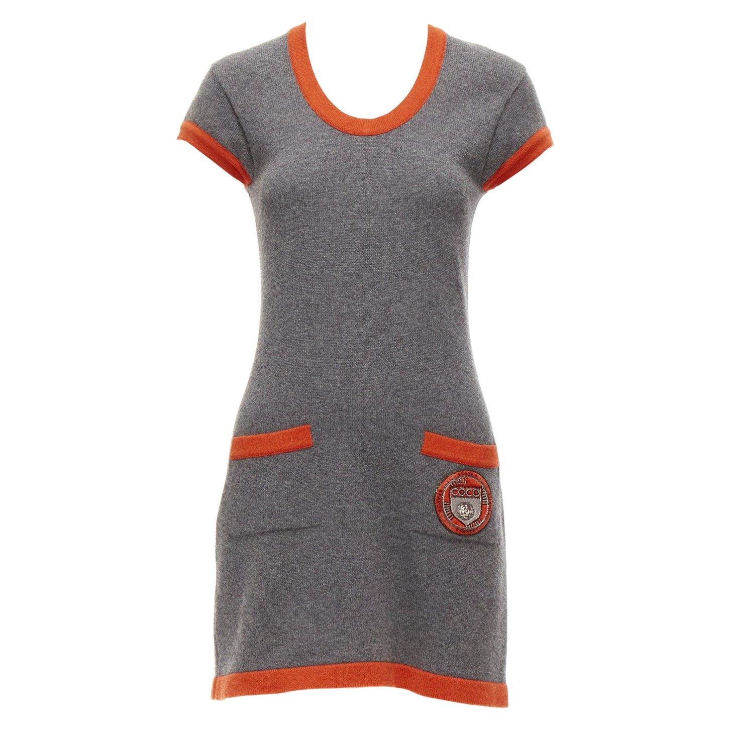CHANEL 07A 100% cashmere grey orange trim COCO logo badge knit dress FR38 M For Sale