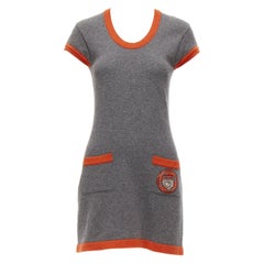 CHANEL 07A 100% cashmere grey orange trim COCO logo badge knit dress FR38 M