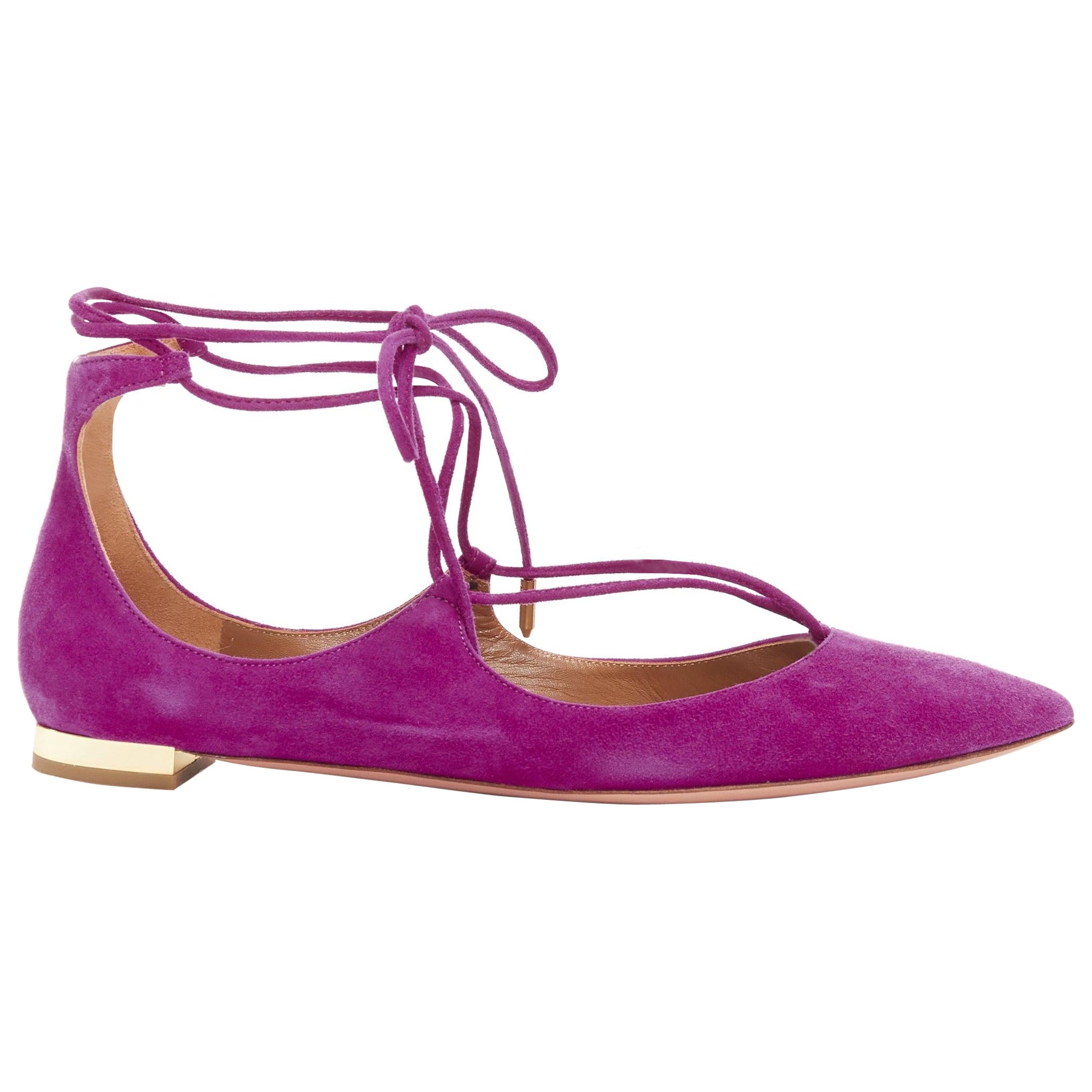 AQUAZZURA Belgravia purple suede leather pointy lace up gold heel flats EU37.5 For Sale