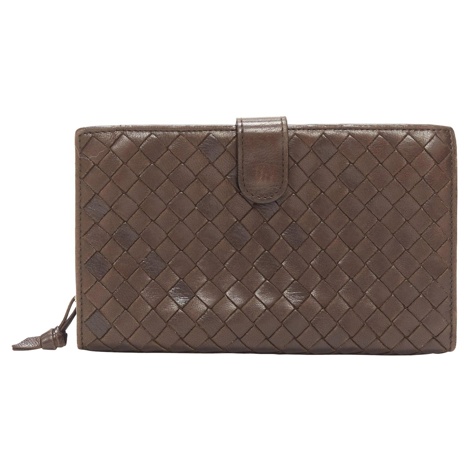 BOTTEGA VENETA brown woven intrecciato leather gold zip long wallet For Sale