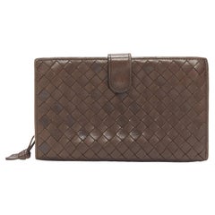 BOTTEGA VENETA brown woven intrecciato leather gold zip long wallet