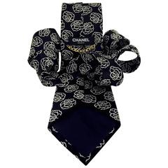 Chanel Black Silk Twill Tie With White Camellias 