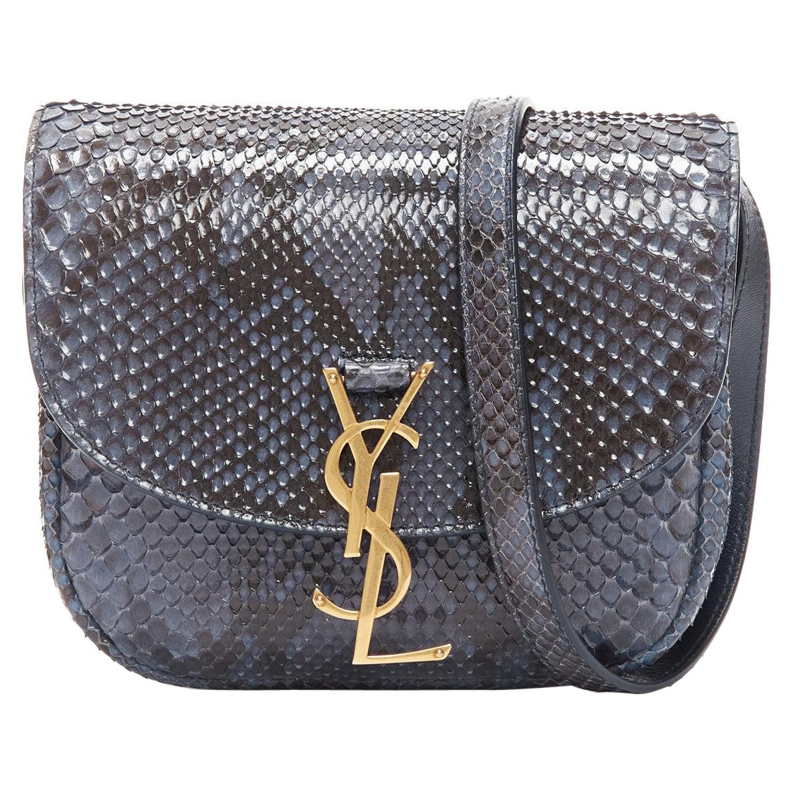 SAINT LAURENT Kaia blue scaled leather gold half moon crossbody satchel bag For Sale