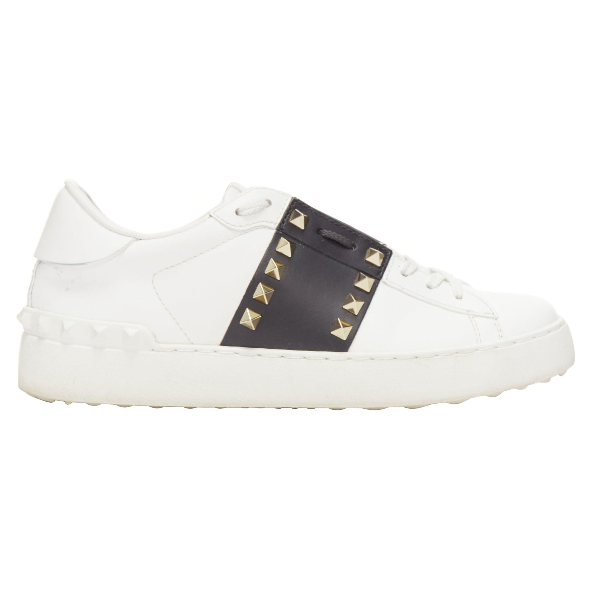 VALENTINO Rockstud Untitled Open black white leather studded sneakers EU37 For Sale