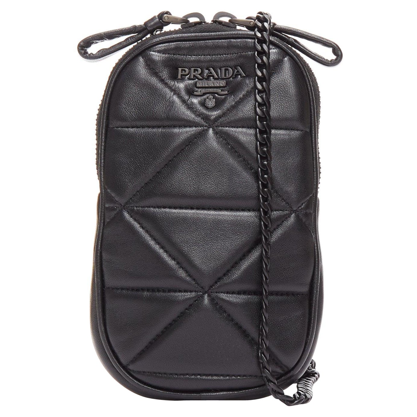 PRADA 2021 Spectrum black geometric quilted logo chain small crossbody bag For Sale