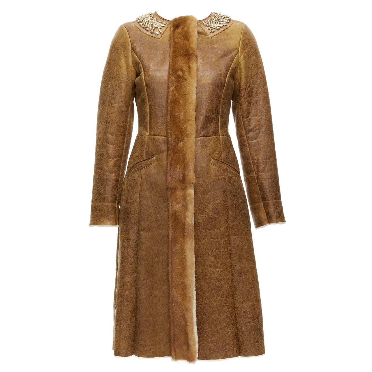 PRADA fur trimmed brown sheepskin shearing leather beading collar coat IT38 XS For Sale