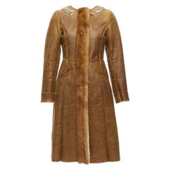 Used PRADA fur trimmed brown sheepskin shearing leather beading collar coat IT38 XS
