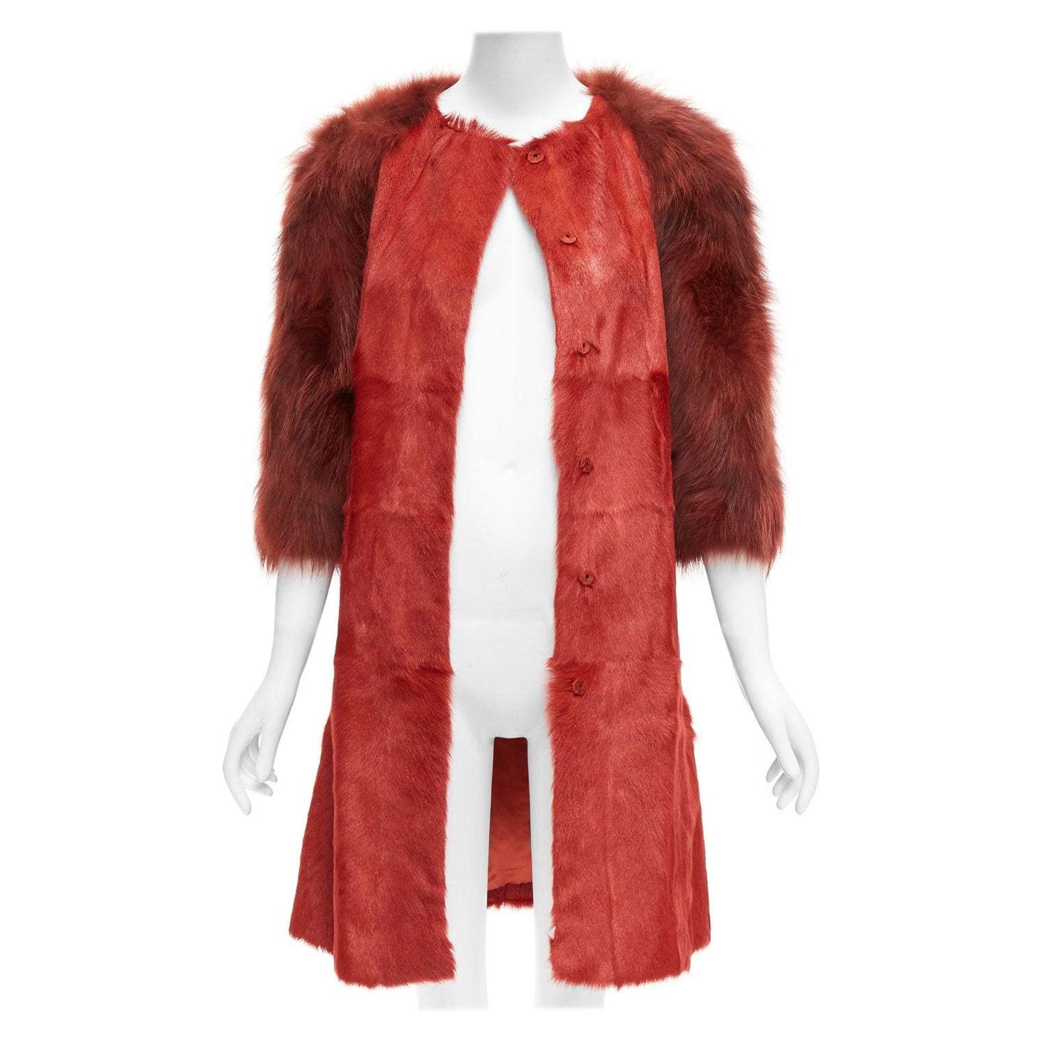 GIAMBATTISTA VALLI red genuine fur patchwork contrast raglan sleeve long coat For Sale