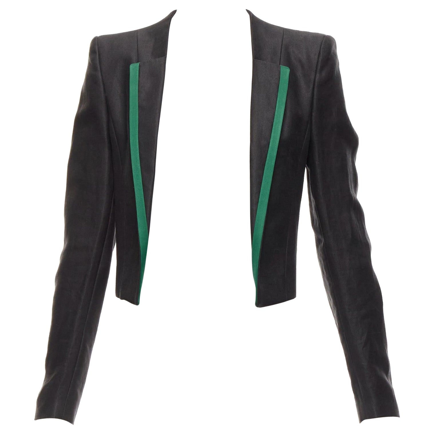 HAIDER ACKERMANN - Veste blazer courte en soie ramie noire avec bordure verte FR36 S en vente