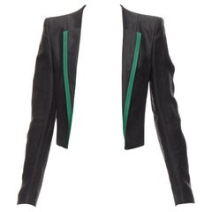 HAIDER ACKERMANN - Veste blazer courte en soie ramie noire avec bordure verte FR36 S