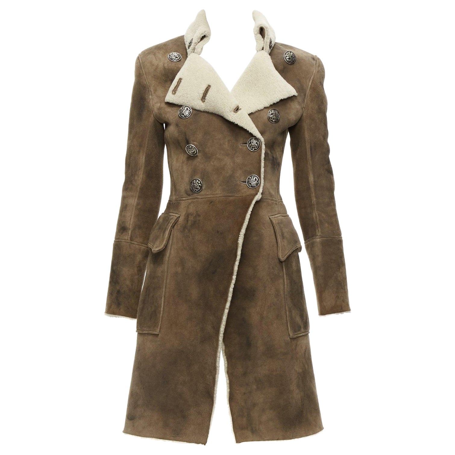 BALMAIN brown beige genuine lambskin shearling long fitted officer coat FR36 S For Sale