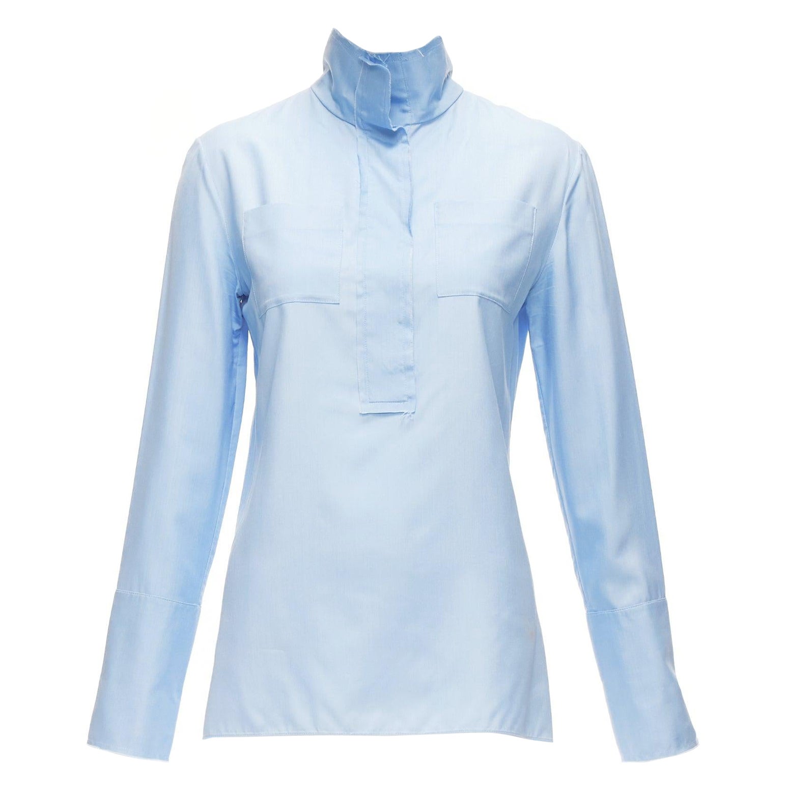 MARNI pastel blue 100% silk raw edge collar pocketed high low hem shirt IT38 XS For Sale