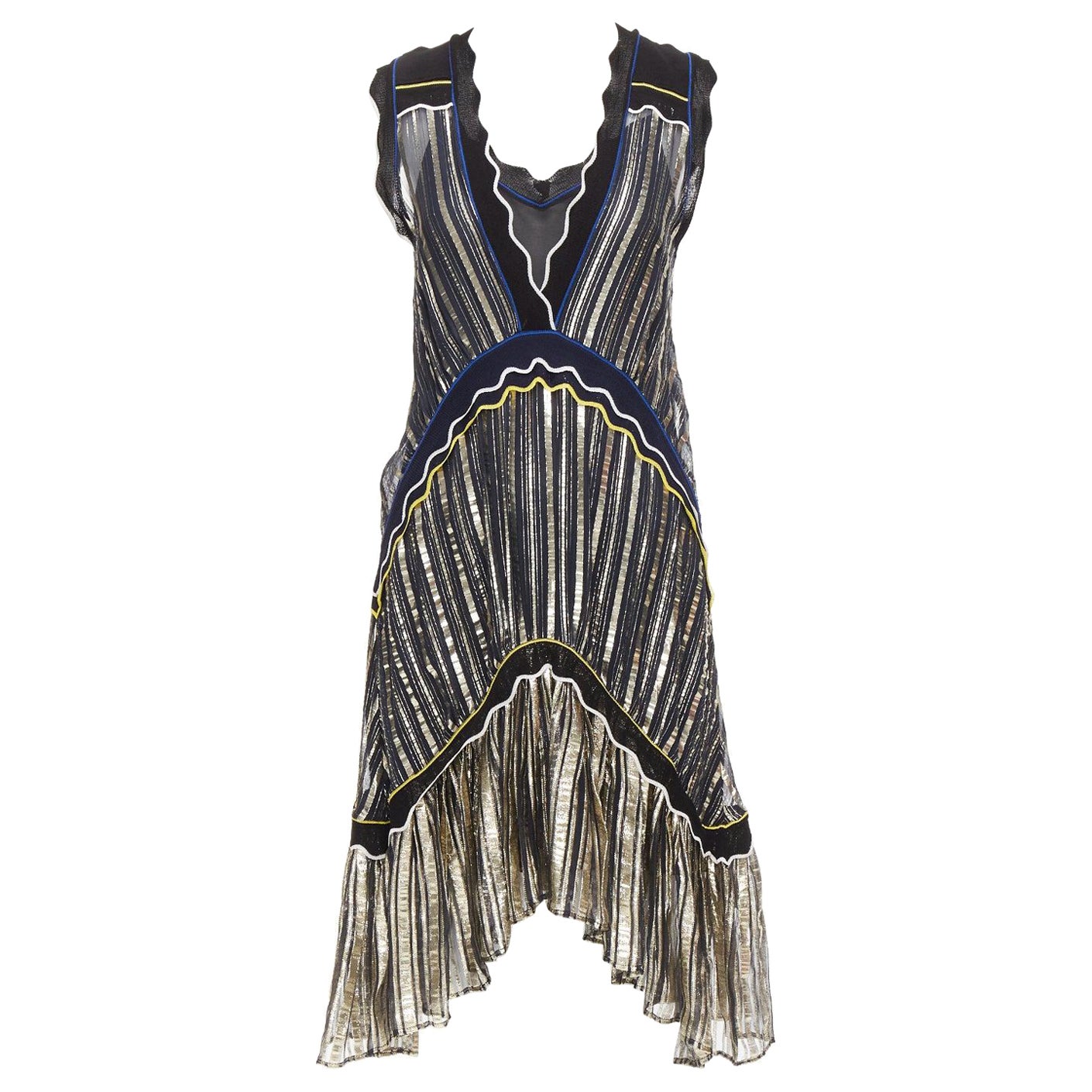 PETER PILOTTO gold metallic blue yellow trim pleated V-neck knee dress XS For Sale