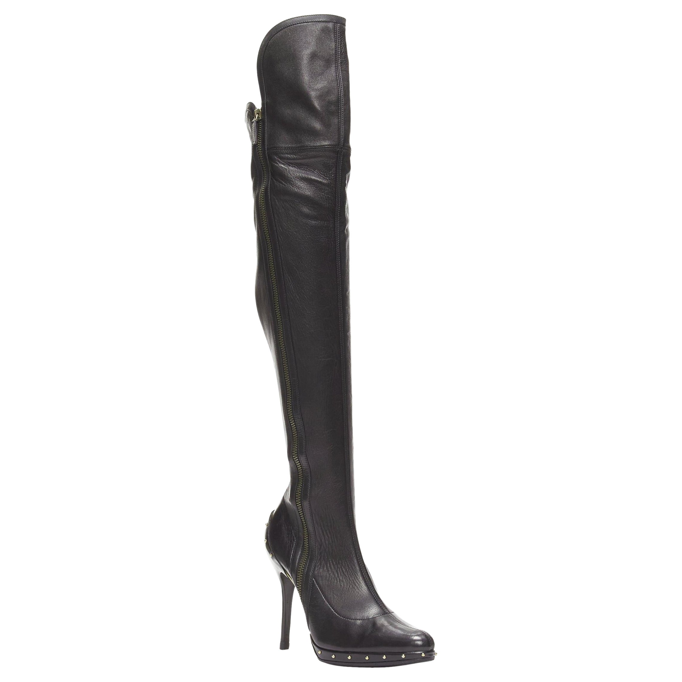 GUCCI TOM FORD 2003 Runway black leather studded thigh high boots EU37 For Sale