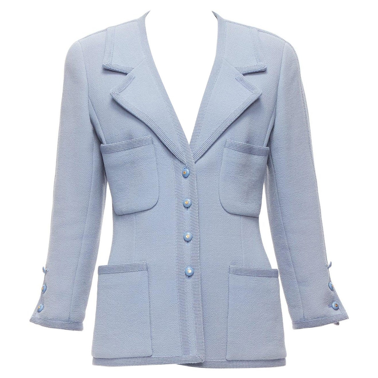 CHANEL 1997 Vintage powder blue 100% wool 4 pocket CC logo jacket FR38 M