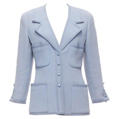 CHANEL 1997 Vintage pulverblaue Jacke aus 100 % Wolle mit 4 Taschen CC Logo FR38 M