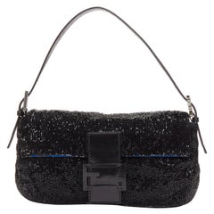 FENDI Baguette Vintage black beaded FF leather buckle blue satin shoulder bag