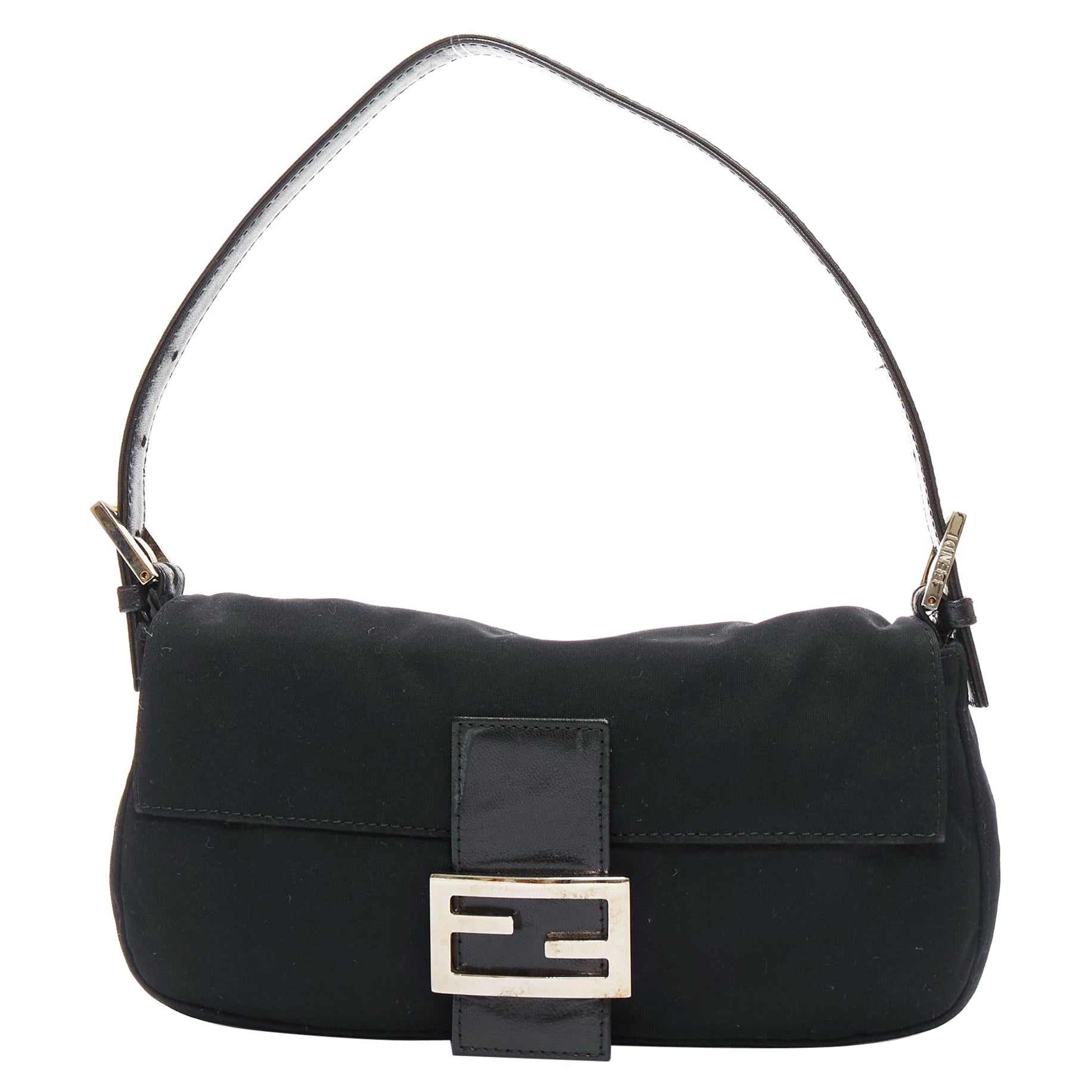 FENDI Baguette Vintage black cotton silver FF logo leather flap shoulder bag For Sale