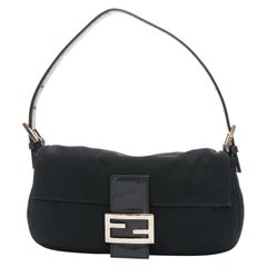 FENDI Baguette Vintage black cotton silver FF logo leather flap shoulder bag