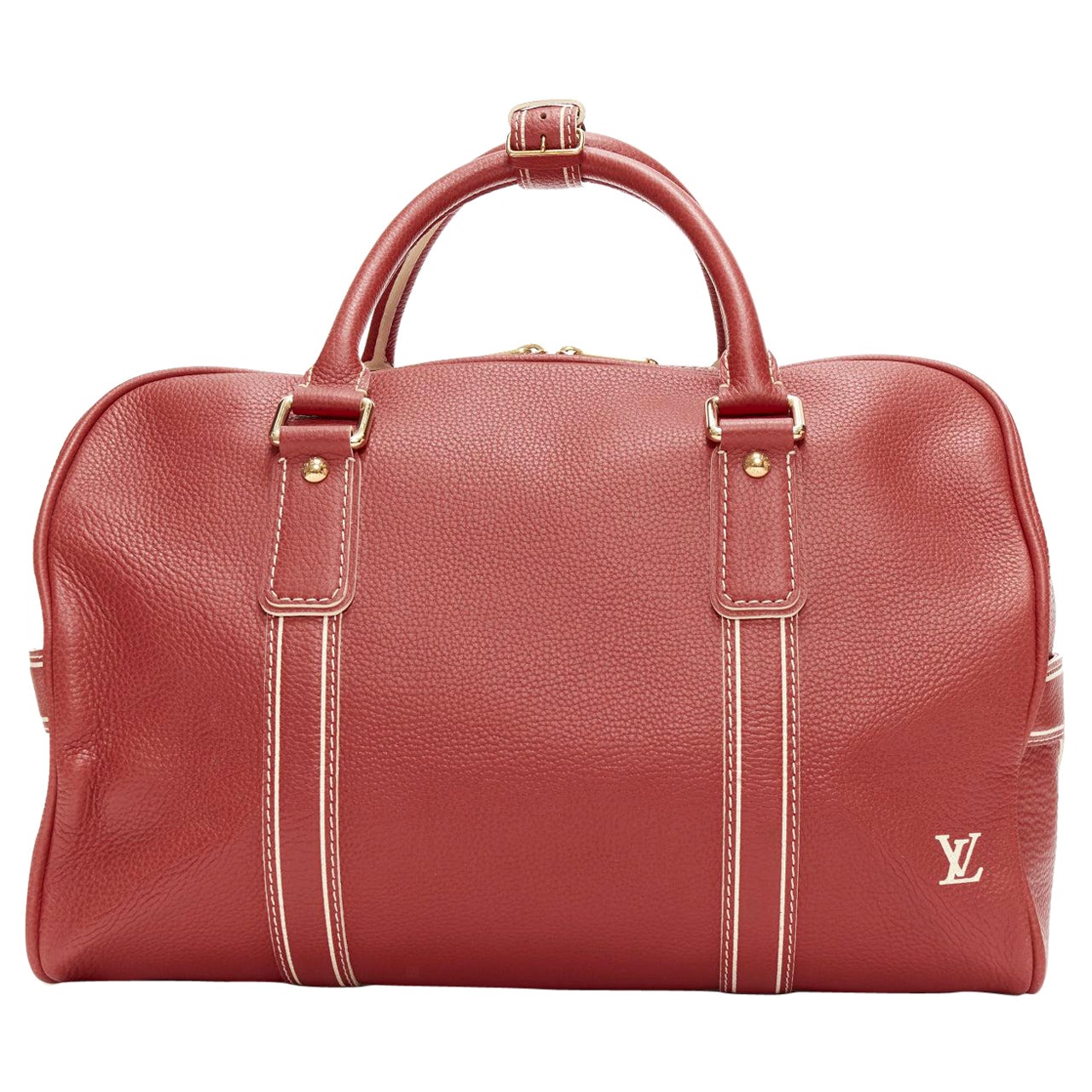 LOUIS VUITTON Red Tobaco Leather Carryall Boston Duffle top handle travel bag For Sale