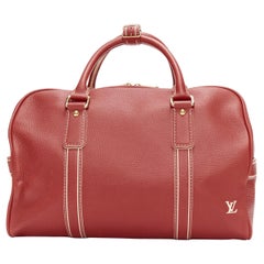 Used LOUIS VUITTON Red Tobaco Leather Carryall Boston Duffle top handle travel bag