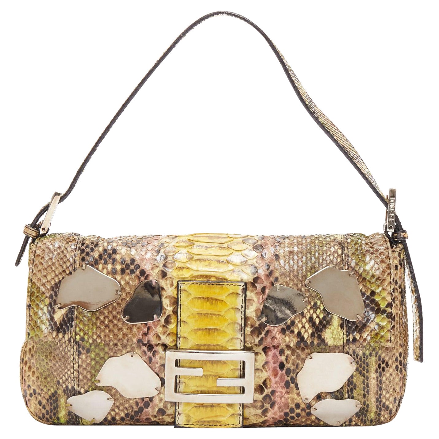 FENDI Baguette yellow ombre scaled leather mirror bead FF logo shoulder bag For Sale