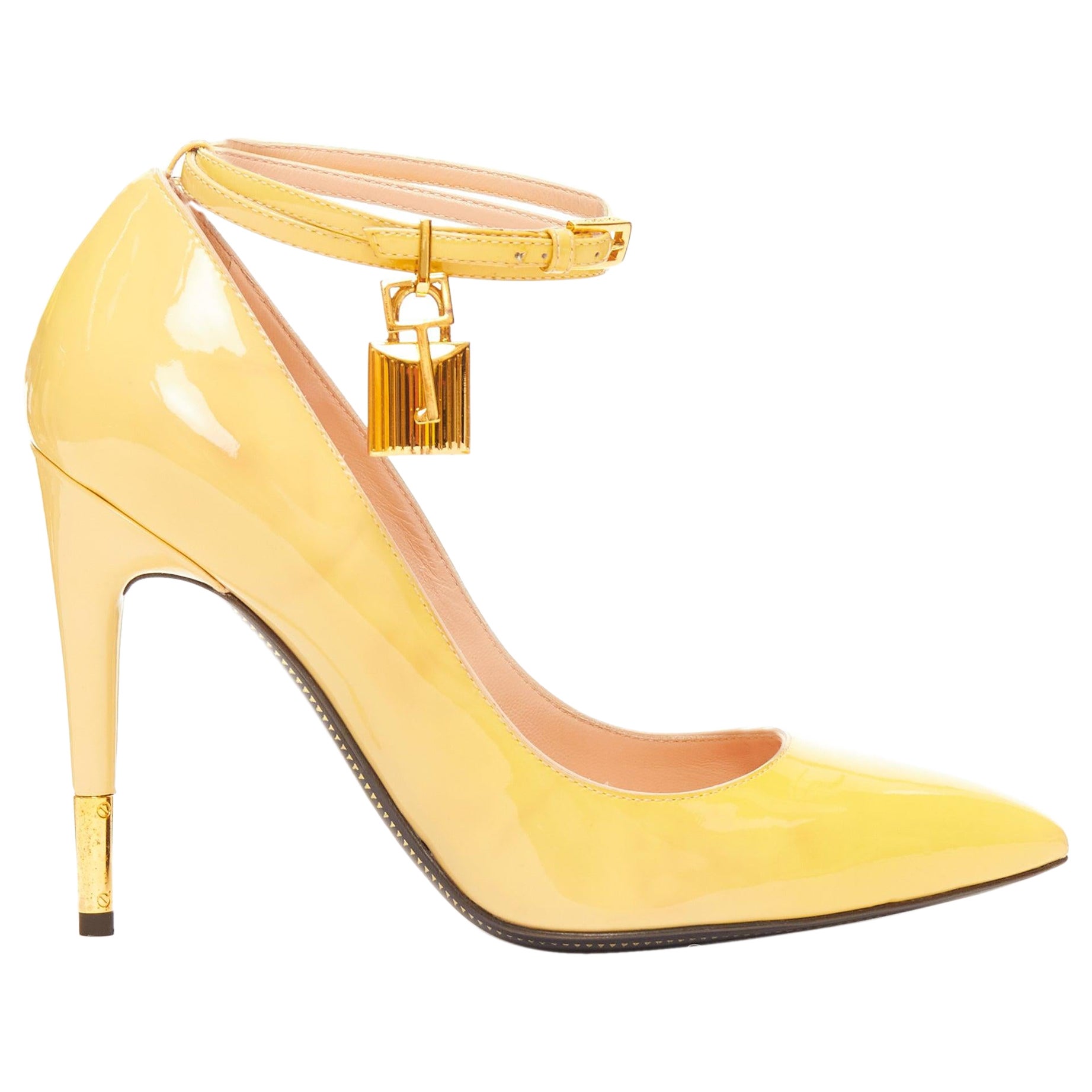 TOM FORD Padlock yellow patent leather gold key lock charm strappy sandals EU37 For Sale