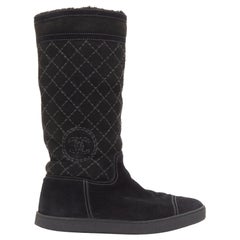 CHANEL black matelasse diamond quilt stitch suede CC logo shearling boots EU38