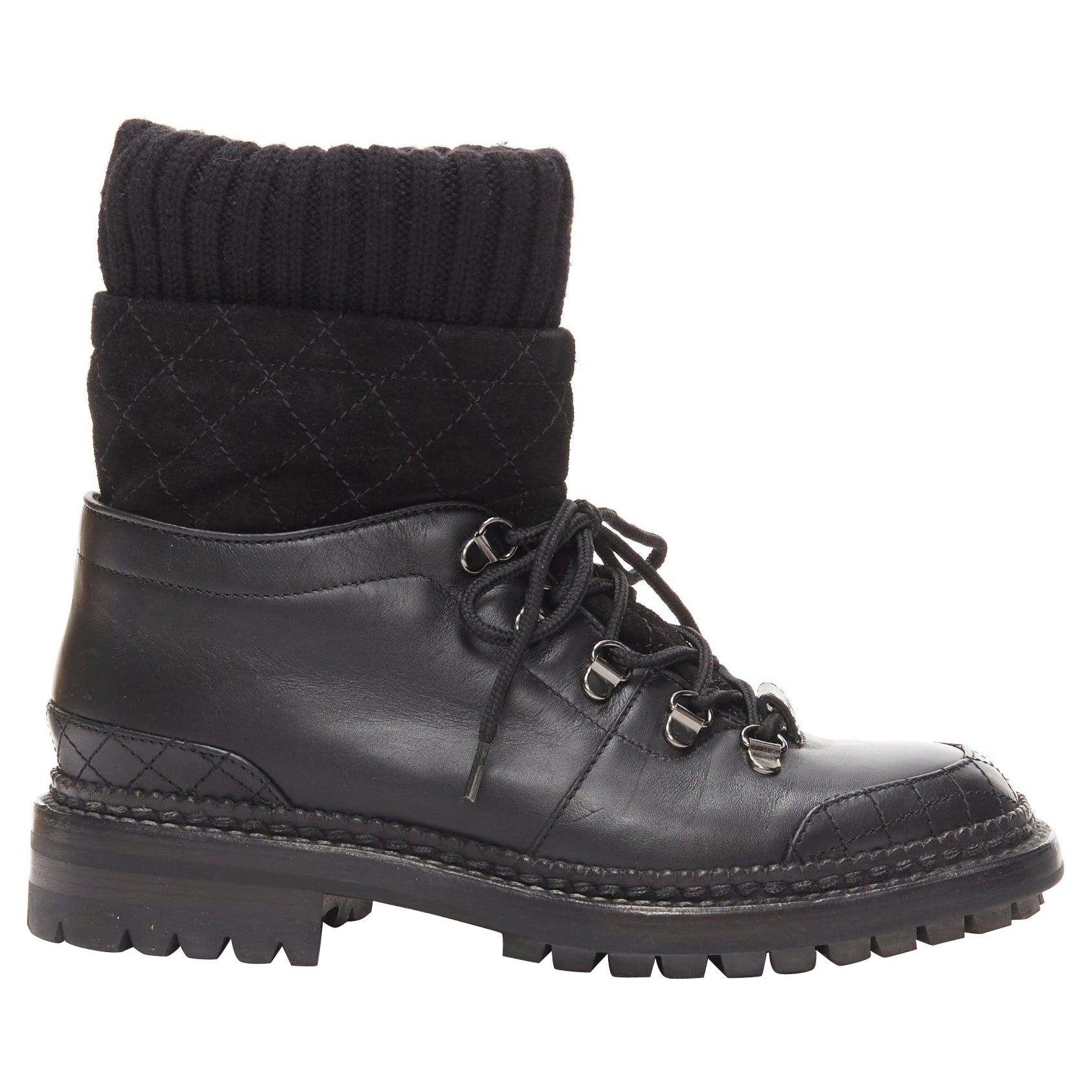 CHANEL black quilted trim CC logo tromp loeil sock ankle boots EU38 For Sale