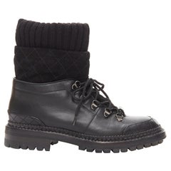 CHANEL black quilted trim CC logo tromp loeil sock ankle boots EU38