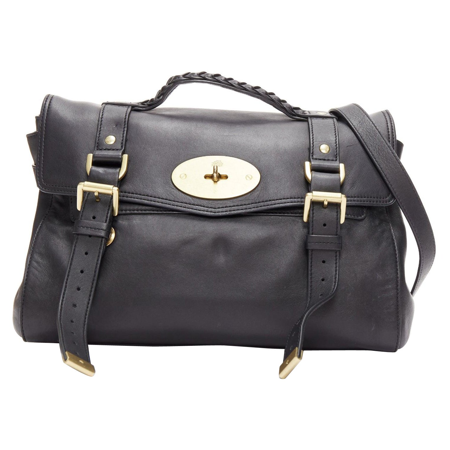 MULBERRY Alexa black calfskin gold vintage buckle straps satchel crossbody bag For Sale