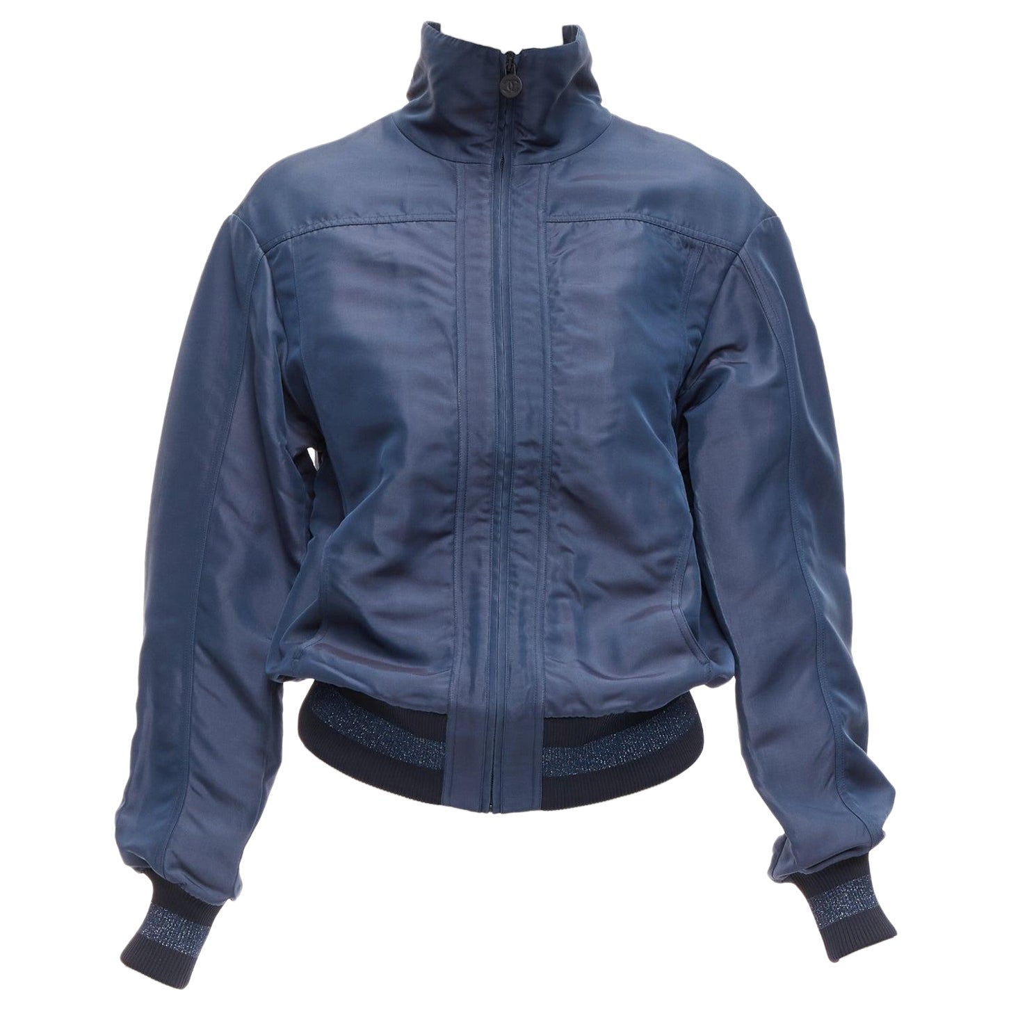 CHANEL Vintage navy viscose silk CC logo zip bomber jacket FR34 XS For Sale
