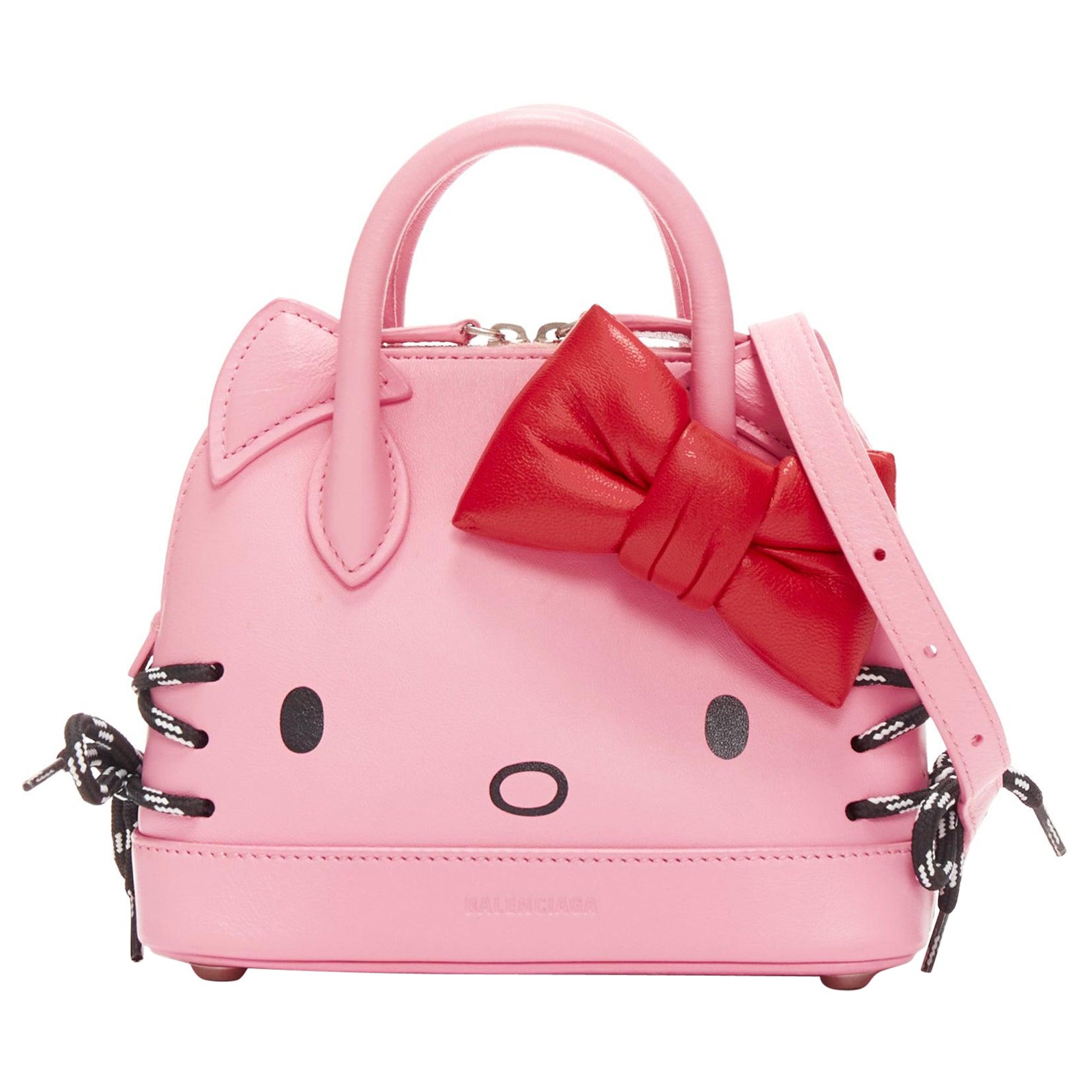 rare BALENCIAGA Hello Kitty Ville pink red leather black laced crossbody bag For Sale